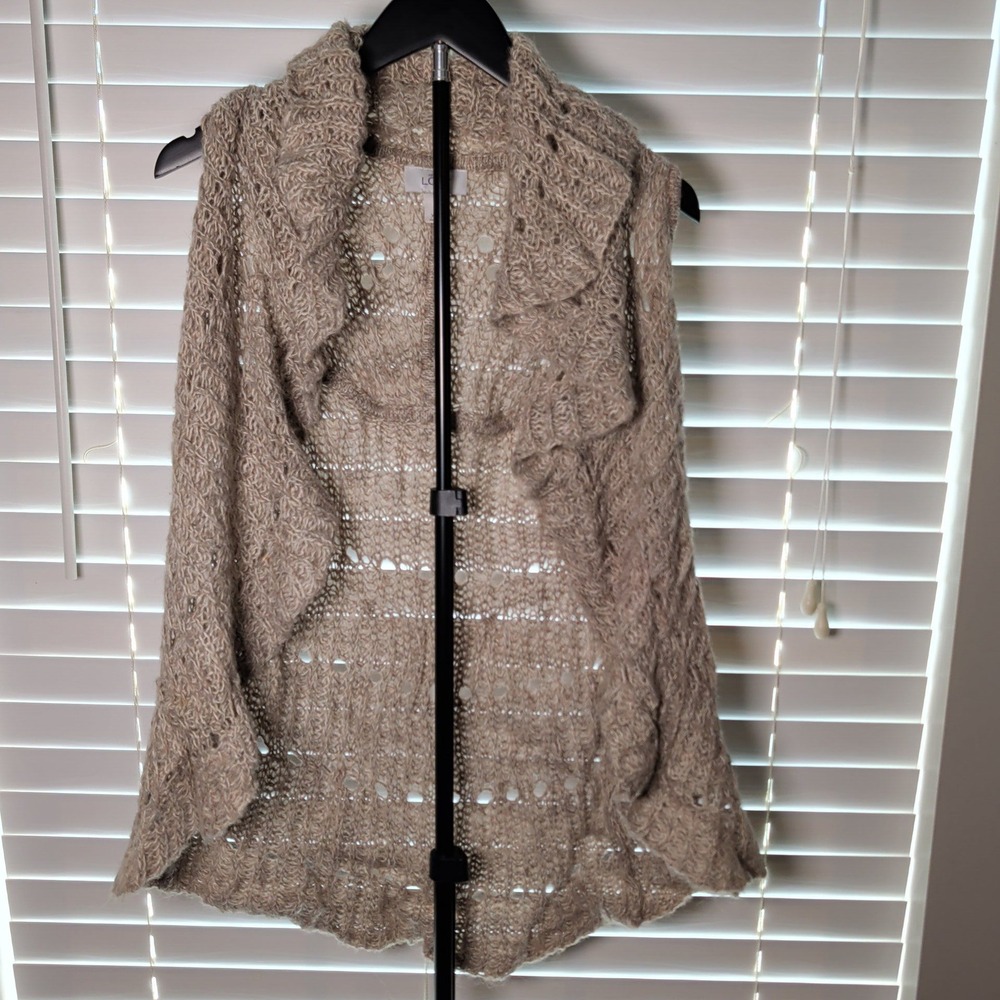 LOFT Open Front Cardigan Vest Women XS/S Tan Alpaca Blend Crochet Knit Excellent